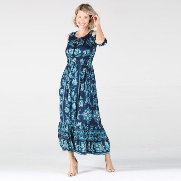 Nostalgia Cold Shoulder Floral Print Maxi Dress NWT • Navy • Scoop V-Neck • Boho - Picture 2 of 3